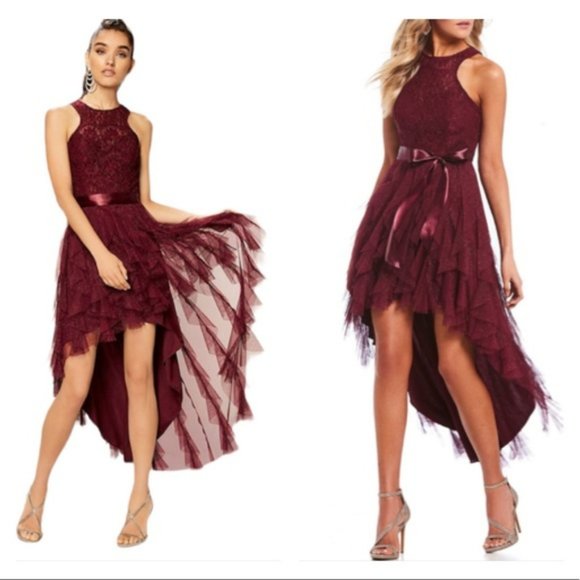 Teeze Me Burgundy Glitter Lace Ruffle High Low Dress Size 1 - Picture 1 of 5
